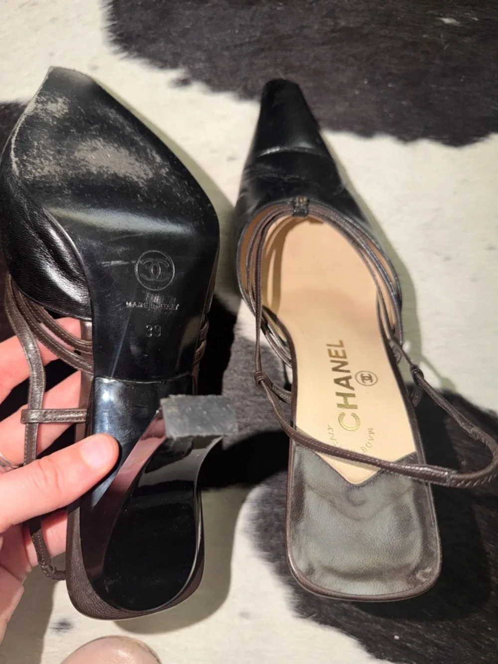 CHANEL Vintage Slingback Pointed Toe Black and Brown Leather Mules, size 39
